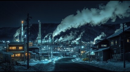 Night industrial town, snowy street, smoke stacks.