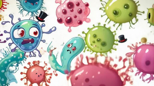 Colorful cartoon germs float against a white background, showcasing various funny and expressive faces. The animation captures a whimsical take on viruses and bacteria in a lighthearted manner