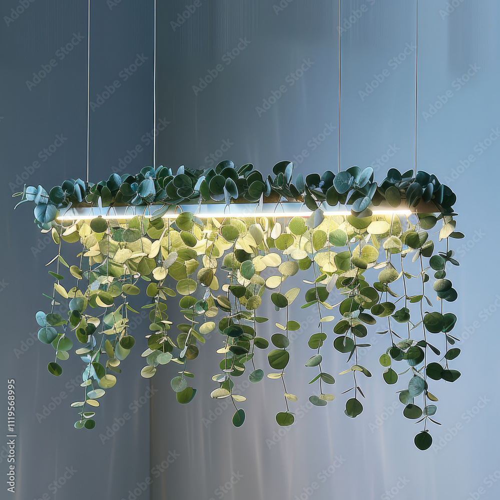 Aufkleber Composition of eucalyptus branches hanging from the ceiling on a horizontal linear LED light structure base.