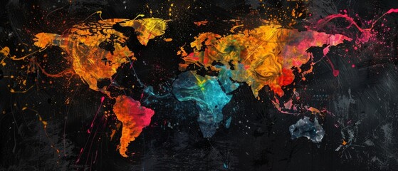 A colorful abstract map of the world features vivid splashes of paint, celebrating diversity and creativity.