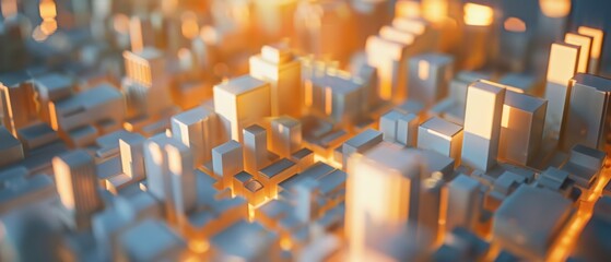 Obraz premium A miniature cityscape bathed in warm golden light, reflecting the peaceful dawn in a bustling metropolis setting.