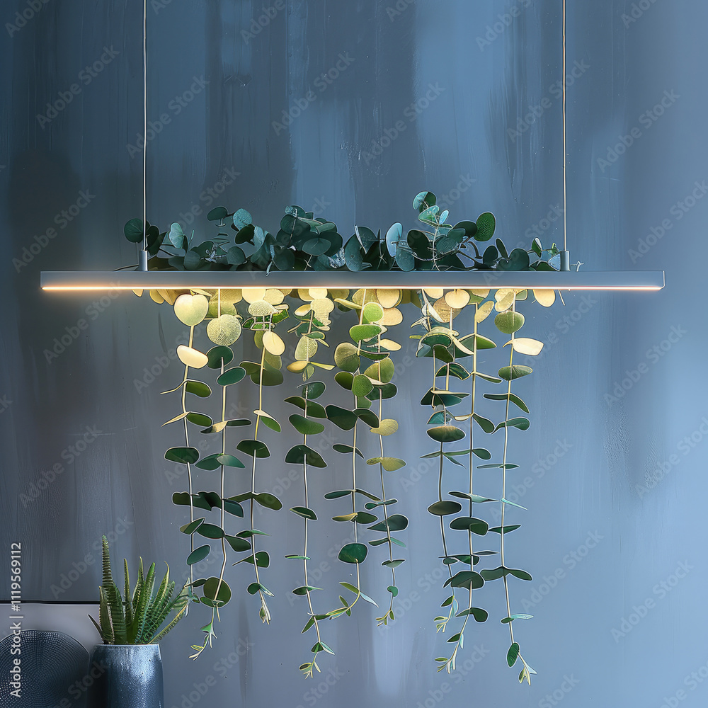 Aufkleber Composition of eucalyptus branches hanging from the ceiling on a horizontal linear LED light structure base.