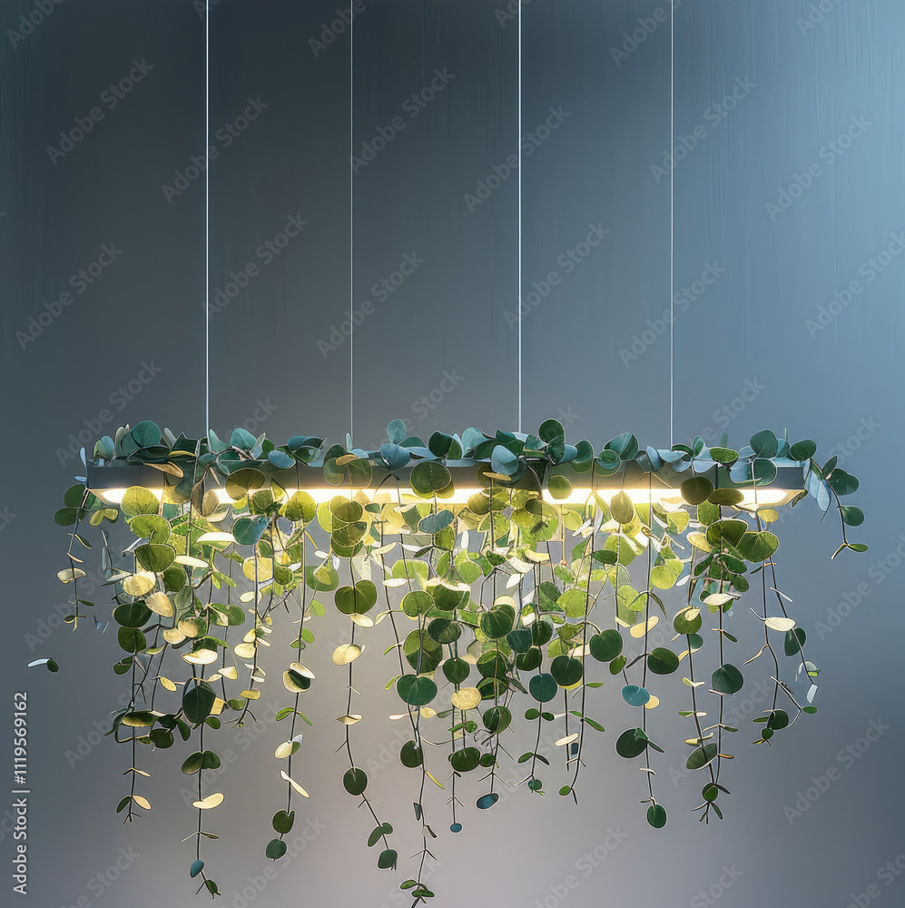 Aufkleber Composition of eucalyptus branches hanging from the ceiling on a horizontal linear LED light structure base.