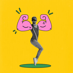 Fun and quirky illustration of man striking pose with oversized pink cartoon muscles, set against...