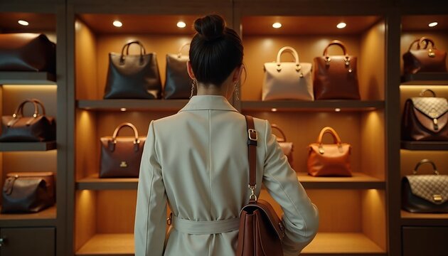 A woman admires a display of stylish handbags in a chic boutique, showcasing various designs and colors under warm lighting.