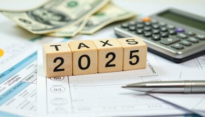 A close-up view of a tax document with wooden blocks spelling "TAX 2025," alongside a calculator, dollar bills, and a pen, symbolizing tax preparation.