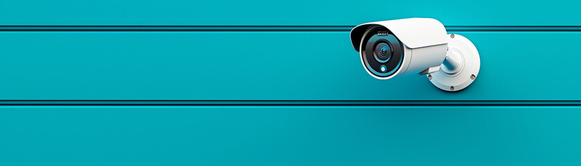 Modern security camera on teal wall for surveillance and safety. Minimalist design with space for copy.
