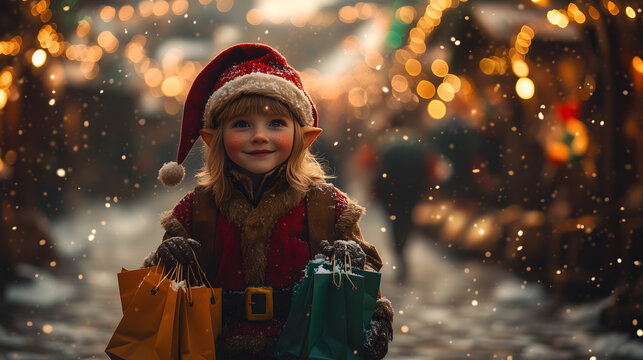 5h a photo from the front of the lower half of a adult classic christmas elf holding alot of colorfull shoppingbags, walking outside in the snow, fetsive lights and decorations all around, warm and co