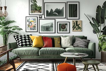 Eclectic living room design with a sage green mid-century modern sofa, colorful patterned throw pillows, and a gallery wall of black-and-white photography. interior design concept 