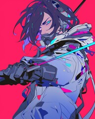 Futuristic Warrior with Sword in Dynamic Pose. Vibrant Anime Illustration.
