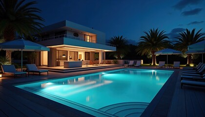 A modern villa with a glowing pool, surrounded by palm trees and lounge chairs, illuminated softly at night.