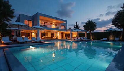 A modern villa featuring a sparkling pool, surrounded by lounge chairs and umbrellas, illuminated at dusk.