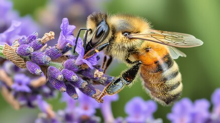 Close-up view of a bee collecting nectar from purple lavender flowers in a garden