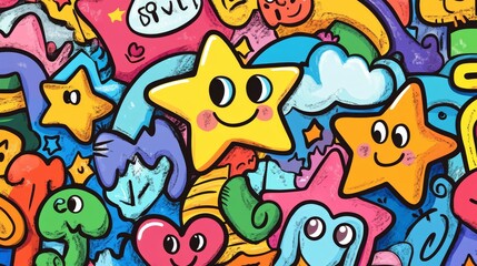 elementary school notebook doodle art, happy star characters, heart motifs, wavy lines, puzzle pieces with eyes, key illustration, cloud shapes, crayon hatching effect, freehand drawing style,
