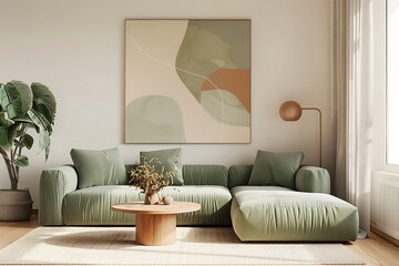 Modern living room interior with a sage green sectional sofa, a walnut coffee table, and a large abstract wall art piece, complemented by soft beige walls and light wood flooring.