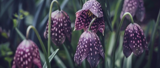 Delicate purple checkered flowers bloom gracefully, accentuated by lush green foliage in a serene garden setting.
