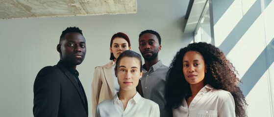 Fototapeta premium A diverse group of five professionals stands together confidently, bathed in soft light, ready to conquer challenges.