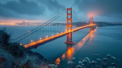 Fototapeta premium the golden gate bridge is lit up at night
