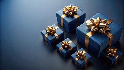 Blue gift boxes with gold bows on a dark blue background, gift, present, box, wrapping, ribbon, festive, celebration