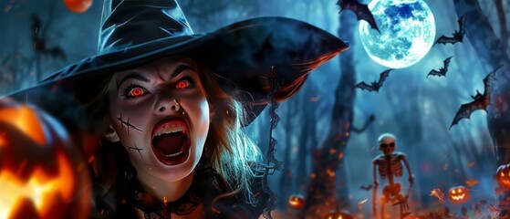 Enraged Witch with Glowing Red Eyes in Haunted Forest Scene