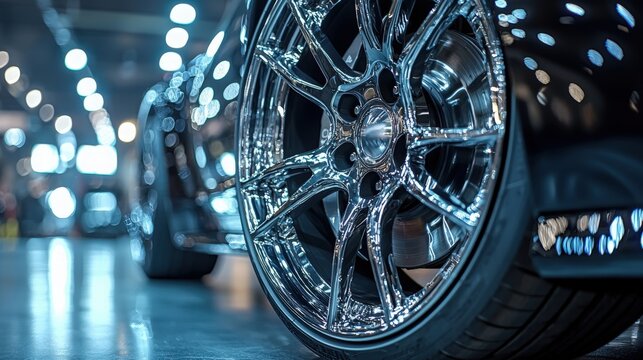 Detailed view of a shiny chrome wheel at a car exhibition showcasing custom modifications
