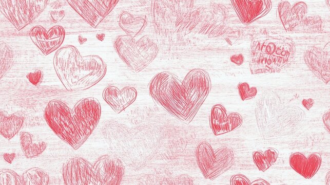 horizontal heart border pattern, hand-drawn chalk texture, pink red romantic doodles, varied heart shapes, crayon scribble effect, white background, decorative love symbols, valentines style