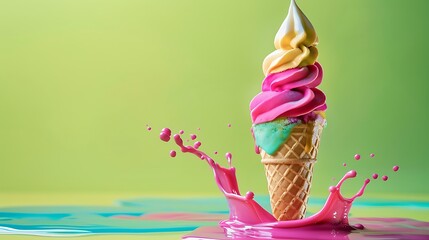 Vibrant melting ice cream cone in an artistic setting against a gentle lime green backdrop