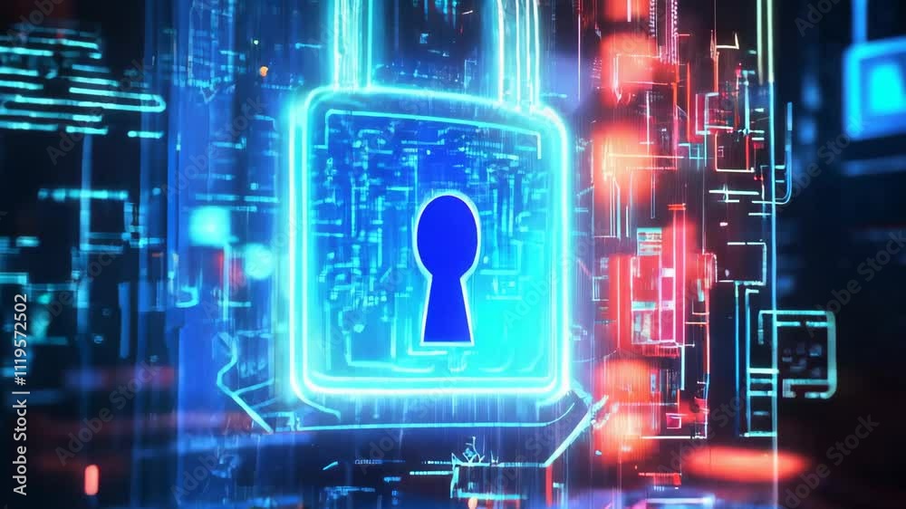 Poster futuristic digital security system is displaying a glowing blue padlock icon, symbolizing data prote
