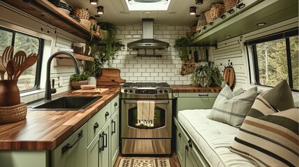 Van interior with built out kitchen green lower cabinets, dark wood countertop, white walls with green accents.