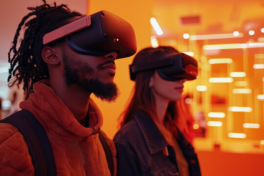 a man and woman wearing virtual reality glasses are looking at the camera