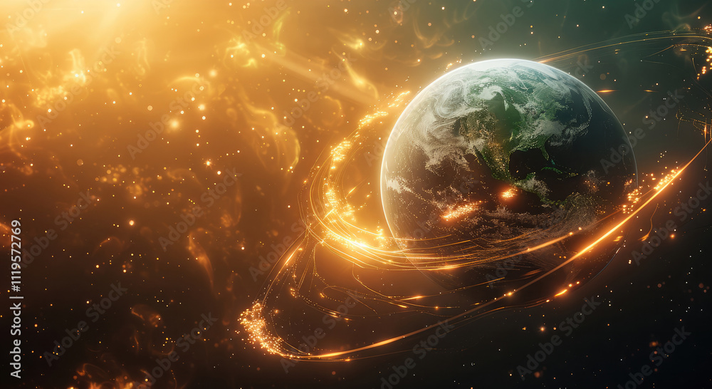 Poster abstract background with a planet and swirls of light, depicting outer space, stars, and a solar sys