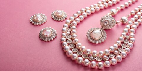 High angle shot of elegant jewelry on pink background, ring, necklaces, beautiful, accessories, fashion, luxury, shiny, jewelry