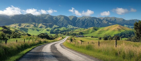 Scenic countryside road winding through rolling green hills and mountains under a vibrant blue sky.