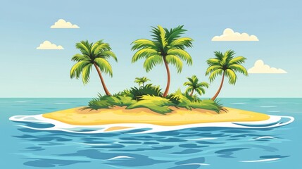 Beautiful island with tropical palms, gentle waves in clear blue sea, sunny day, 