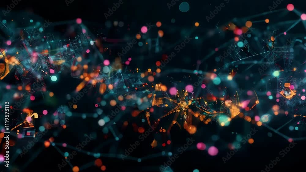 Poster complex network forms and evolves, showcasing glowing dots and lines that appear and disappear again