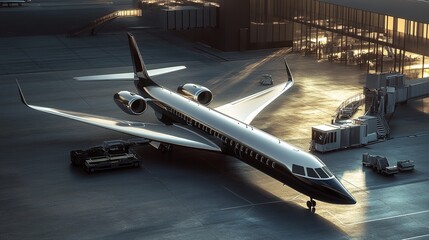 Jet Parked at Airport Terminal, Showcasing Sleek Design and Bustling International Activity