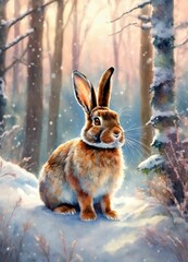 Hare in snow and a happy bunny