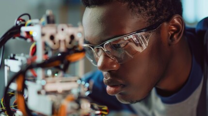 Closeup of African American adult male working on robotics
