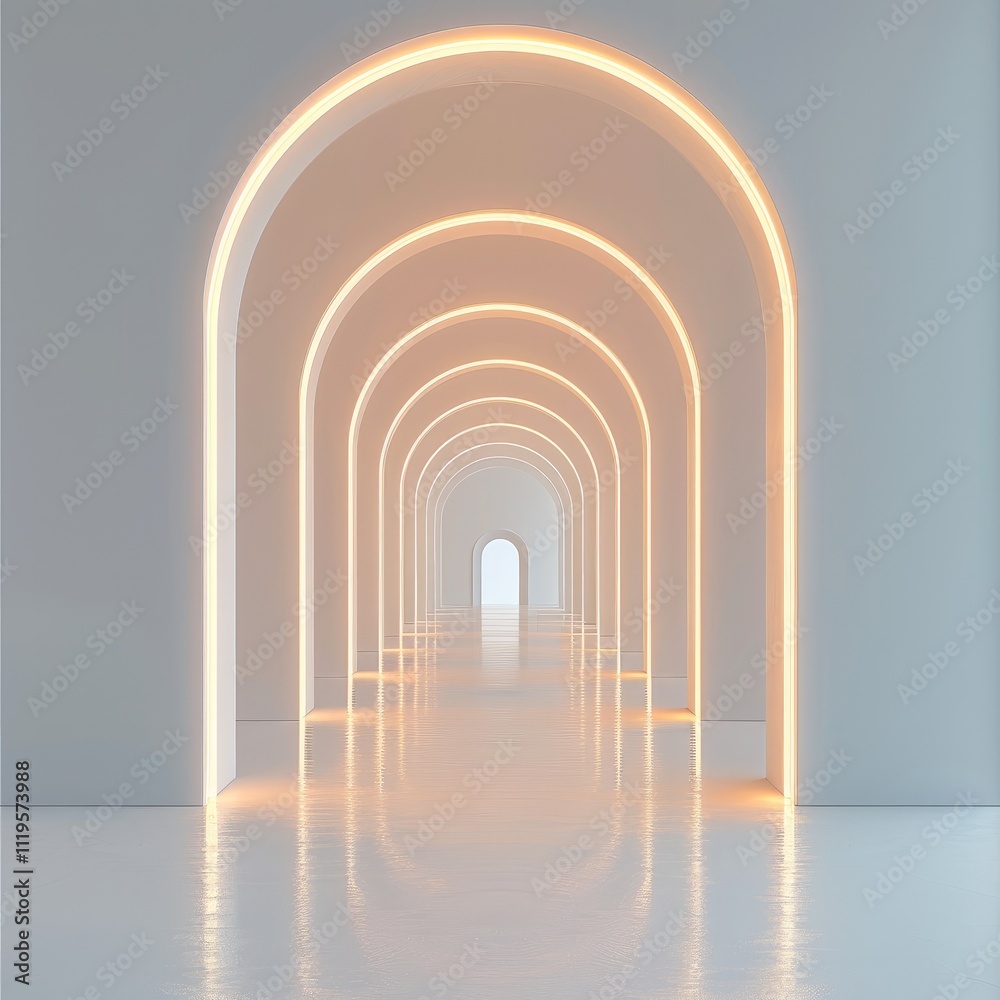 Aufkleber 3d render, abstract white background with minimalistic arches and glowing light in the middle. backg