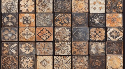 Collection of ornate square tiles with floral and geometric patterns in brown and beige tones.