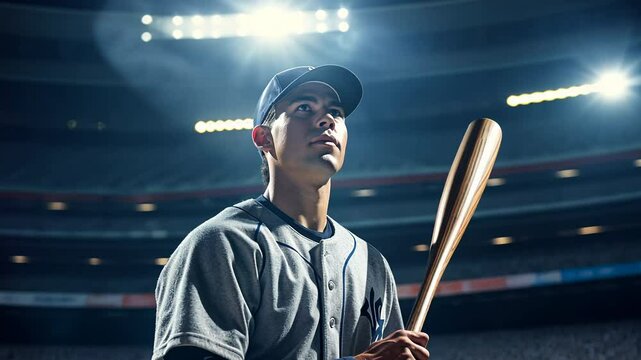 Professional baseball player holding bat on sport stadium

