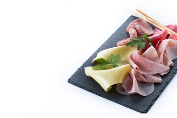 Fresh uncooked pork chops packaging isolated on white background. Copy space