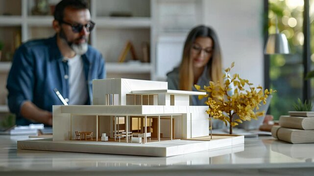 Man and woman are working in design and engineering architecture house, 3d house model