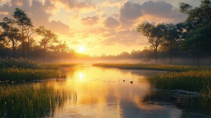 Fototapeta premium Serene Sunset Over Tranquil Waters with Lush Vegetation and Gentle Ripples in a Peaceful Marshland Landscape