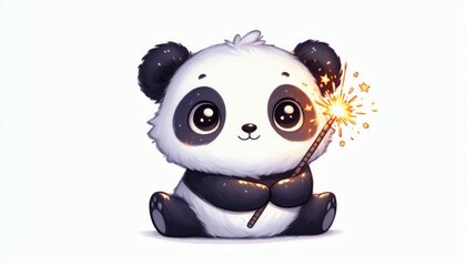 Obraz premium Cute cartoon panda sitting and holding a sparkler with glowing stars on a white background. Watercolor illustration for holiday, celebration, or festive design themes