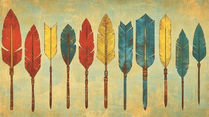 Colorful vintage style arrow feathers arranged in a row on a textured background.