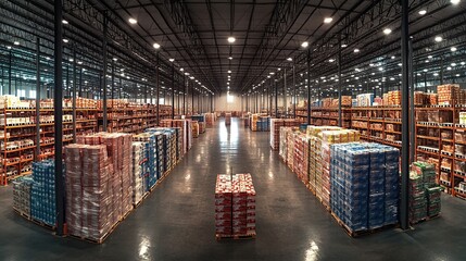 Obraz premium Vast warehouse interior with stacked pallets of goods, showcasing efficient storage and logistics.