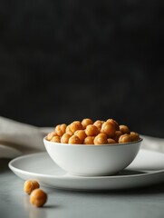 A bowl of roasted chickpeas on a plate, set against a dark background.