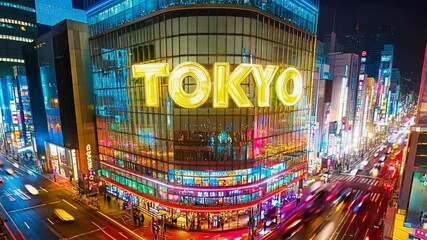 Neon TOKYO Sign Illuminating a Vibrant City Scene at Night with Dynamic Colors Captured from Video
