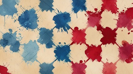 Watercolor texture background with a combination of blue and red geometric patterns